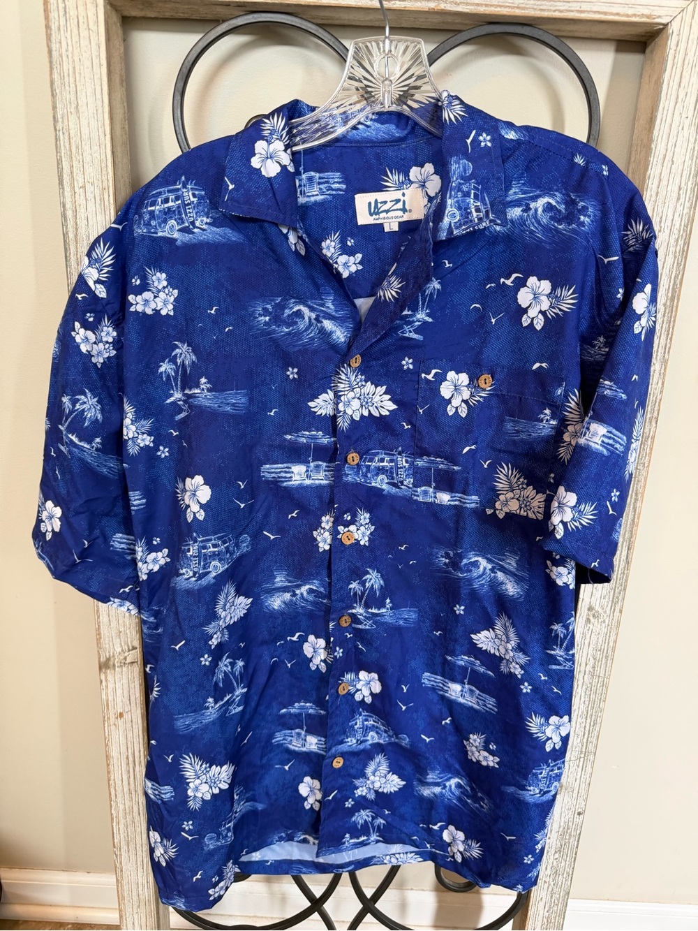 Uzzi Amphibious Gear Surf Bus Hawaiian Shirt Mens L Blue Beach Aloha Camp Waves